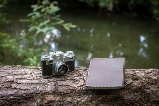 A vintage camera and a brown leather notebook lie on a fallen tree, against the backdrop of a picturesque small river. Art image for your creative design or illustrations.