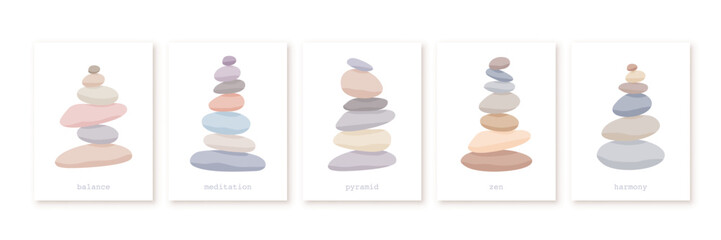 Meditation stone balance pyramid set vector illustration. Stacked pebbles pastel colors object collection isolated in white background