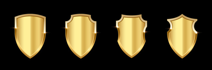 Gold shield set, realistic isolated golden trophy, 3d luxury safety protection emblems on black background