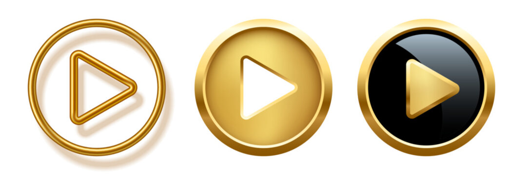 Collection of gold, black and white play buttons vector illustration. Abstract golden shiny circle rings on white background with triangle. Play icons, Press to start. Multimedia, audio, video, music