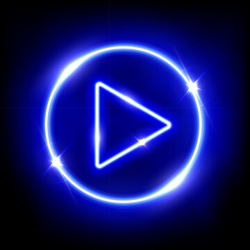 Neon blue play button 3d vector illustration. Abstract shiny circle ring on black background with glowing triangle. Play icon, Press to start. Multimedia, audio, video, cinema, music