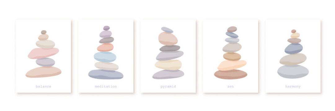 Meditation stone balance pyramid set vector illustration. Stacked pebbles pastel colors object collection isolated in white background