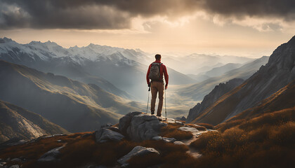 A man hiking up a mountain to the top stands on top of a mountain - obrazy, fototapety, plakaty