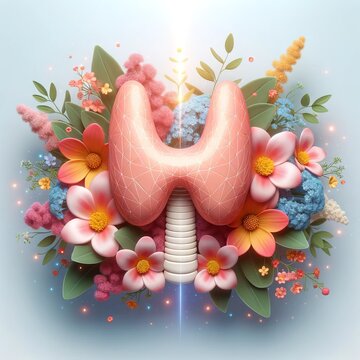 3D render on a soft gradient backdrop of the thyroid organ, detailed and realistic, intertwined with vibrant flowers, emphasizing the concept of thyro