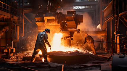 Steelworker melting and molding metal in foundry