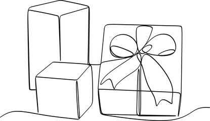Continuous one line of christmas and new year gift boxes in silhouette. Linear stylized. Minimalist.