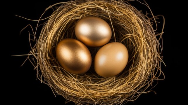 Generative AI image of a Top View of 3 Dark Gold eggs in a nest on a blank white background
