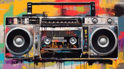  Generative AI, Grunge audio recorder, pop art graffiti, vibrant color. Ink melted paint street art on a textured paper vintage background © DELstudio
