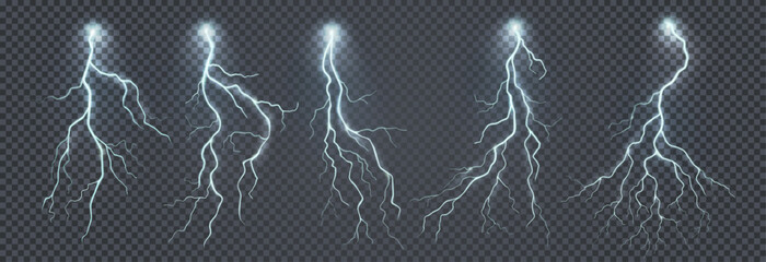 Thunder storm. Electric sky, thunderstorm lights set, flash and stormy white bolt, realistic glowing thunderbolt collection. Rainy weather. Vector isolated on transparent background exact illustration - obrazy, fototapety, plakaty