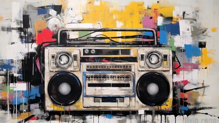 Fototapeta premium Generative AI, Grunge audio recorder, pop art graffiti, vibrant color. Ink melted paint street art on a textured paper vintage background