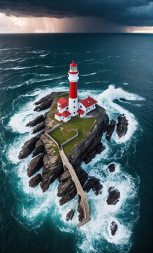 Lighthouse on Rocky Island in Stormy Sea