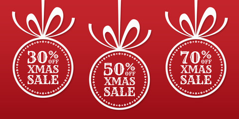 Xmas sale banner with 30, 50, 70 percent price off label, icon or tag. Christmas ball with bow and ribbon. Winter holiday promotion card design. Vector illustration. - obrazy, fototapety, plakaty
