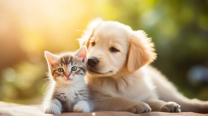 Generative AI image of a Heartwarming pet photography scene with adorable puppy and kitten playing together