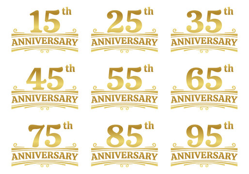 Anniversary logo, icon or badge set. 15, 25, 35, 45, 55, 65, 75, 85, 95 years. Birthday celebration, jubilee, wedding, invitation card design element. Vector illustration. 
