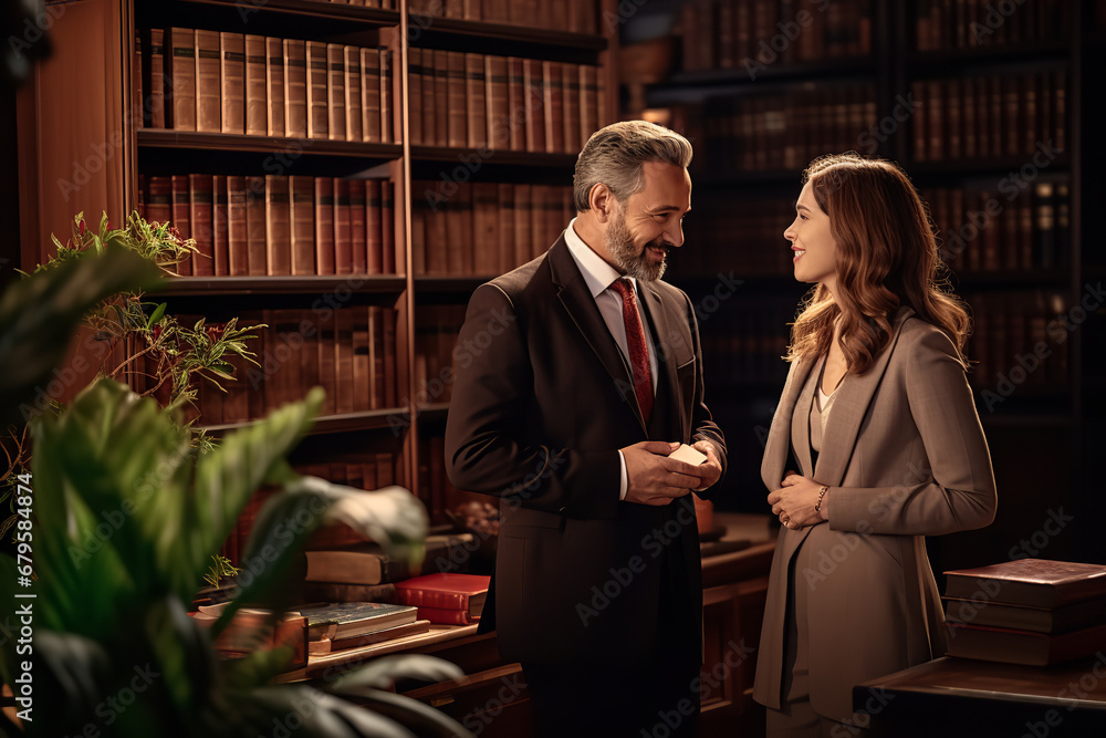 Sticker In a setting that blends tradition with expertise, a seasoned attorney engrosses in deep conversation with a client, surrounded by rich literature of law.