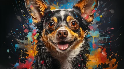 Papier Peint photo Crâne aquarelle painting of a chihuahua dog face with colorful paint splatters