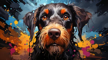 Lichtdoorlatende gordijnen Aquarel doodshoofd painting of a Schnauzer dog face with colorful paint splatters