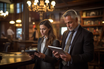 Amidst the relaxed ambiance of a café, an attorney and client delve deep into case materials presented on a contemporary digital device.