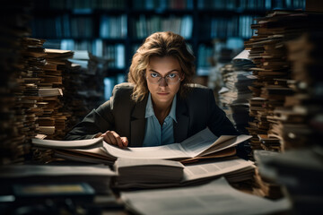 Showcasing meticulous attention, a female attorney scrutinizes a contract's details, ensconced amidst neatly arranged legal paperwork.