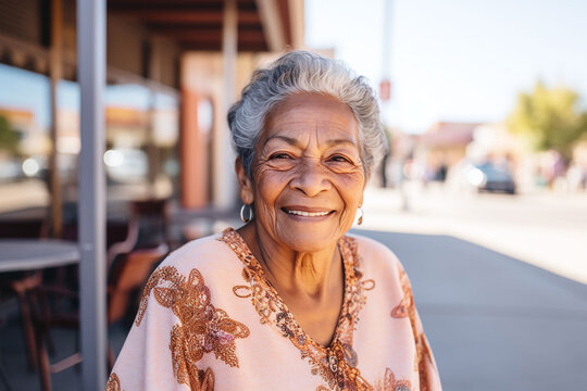 Fototapeta Beautiful hispanic senior woman smiling at camera on the street of an american town. Portrait of indigenous person living in western community.