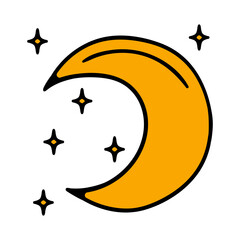 Moon half with star, waning or waxing crescent moon on transparent checkered background. Lunar eclipse in stages from full moon to thin moon,