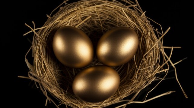 Generative AI image of a Top View of 3 Dark Gold eggs in a nest on a blank white background