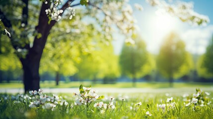 Generative AI image of a Beautiful blurred spring background nature with blooming glade, trees and blue sky on a sunny day - obrazy, fototapety, plakaty