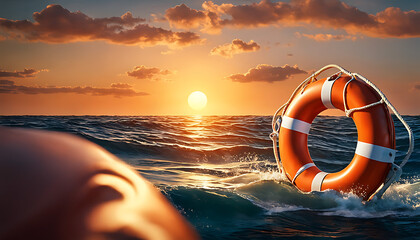 A lifebuoy adrift at sea, a life preserve floating in the ocean at sunset