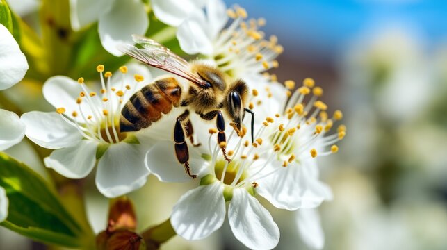 Generative AI image of A bee in nature pollinates a flower, working outdoors