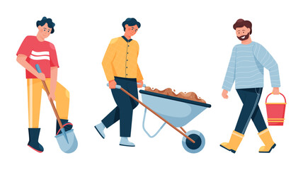 Garden workers. Agriculture tools. Man working with shovel and wheelbarrow. Farmer carrying bucket. Plants cultivation. Male digging soil. Gardening occupation. Guy in uniform. Vector gardeners set
