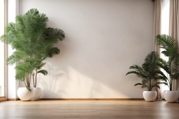 Blank wall in house with tropical tree on wooden parquet for luxury interior living room background. ai generative