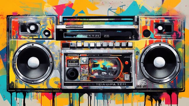 Generative AI, Grunge audio recorder, pop art graffiti, vibrant color. Ink melted paint street art on a textured paper vintage background