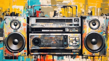 Generative AI, Grunge audio recorder, pop art graffiti, vibrant color. Ink melted paint street art on a textured paper vintage background - obrazy, fototapety, plakaty