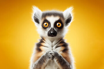 Naklejka na ściany i meble Lemur catta portrait with surprised expression on isolated yellow background. ai generative