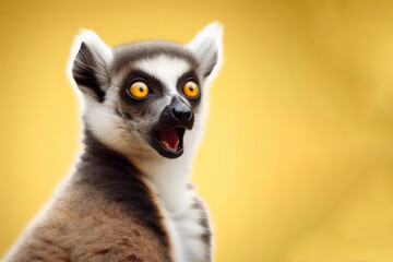 Obraz premium Lemur catta portrait with surprised expression on isolated yellow background. ai generative