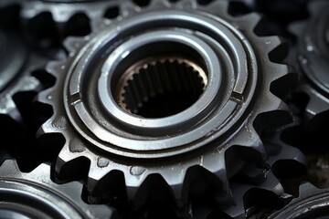 Close up of silver metallic engine gear wheels covered in oil on an industrial background