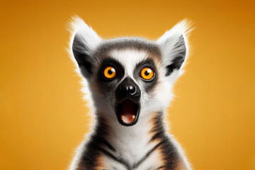 Fototapeta premium Lemur catta portrait with surprised expression on isolated yellow background. ai generative