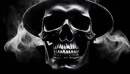 A monstrous visage created from smoke. a black and white image of a skull with a glowing face