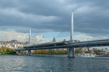 Long exposure. View of Haliç Metro Bridge connecting Azapkapı (Beyoğlu) and Unkapanı (Fatih) (Halic Metro Bridge). blue sky Istanbul Turkey	