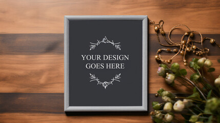 Blank wooden photo frame Mockup on a dark background, copy space, Mockup