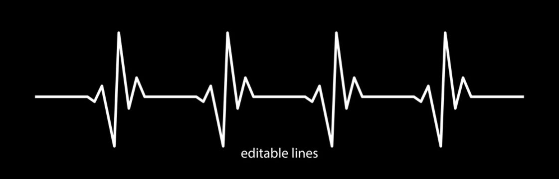 Editable stroke heart diagram, white EKG on black background. Cardiogram, heartbeat line vector design for use in healthcare, healthy lifestyle, medical laboratory, cardiology project. 