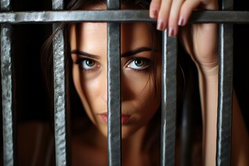 Woman behind bars. Imprisioned girl. Ai Generative - obrazy, fototapety, plakaty