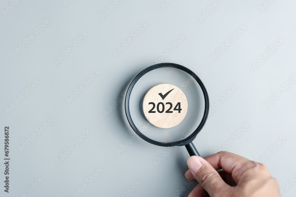 Aufkleber Focus to New year 2024 target objective and countdown merry christmas and happy new year, Planning and challenge strategy in new year 2024 Concept.