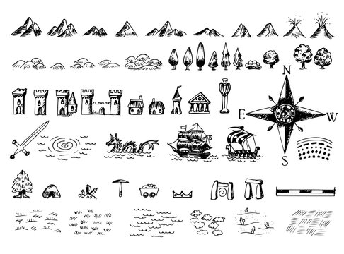 Fantasy map symbols for medieval cartography 