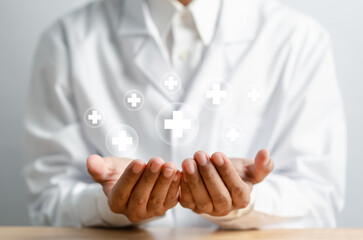 Health insurance concept. plus sign and healthcare medical icon, health and access to welfare...