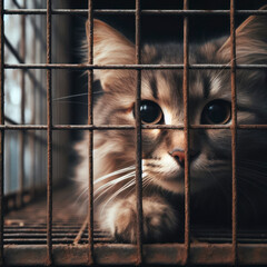 Stray homeless cat in animal shelter cage. ai generative - obrazy, fototapety, plakaty
