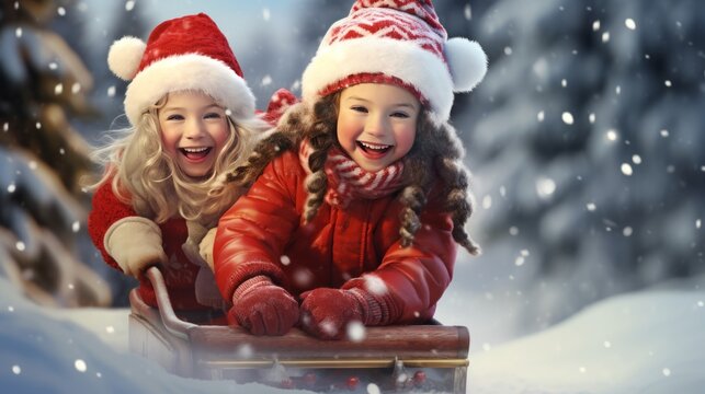 Generative AI image of children are sledding outdoor Christmas beautiful kids smiling