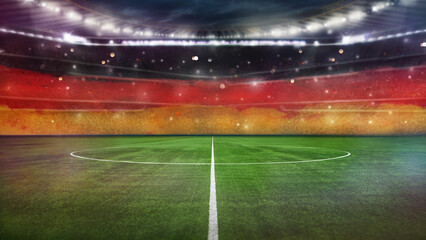 textured soccer game field with neon fog with germany flag - center, midfield