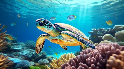 Close up sea turtle swimming under the sea