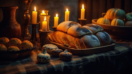 Still life with bread, pumpkins and candles. Selective focus